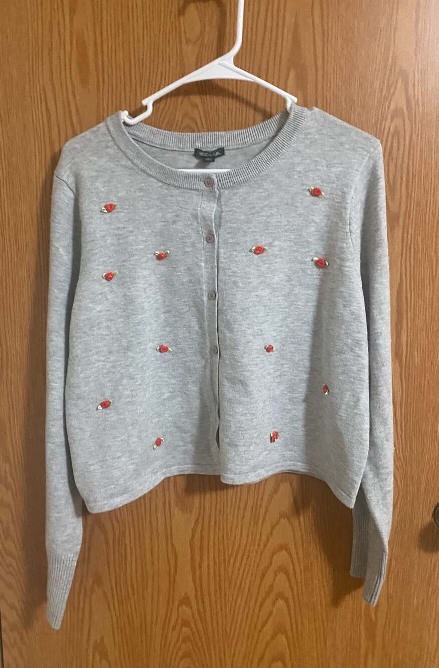 Wild Fable Women's Grey Cropped Cardigan with Embroidered Roses XL